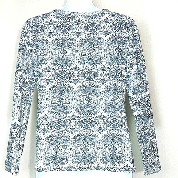 Made for Life Black White Medallion Print Long Sleeve Cotton Stretch Top Small - Picture 3 of 4
